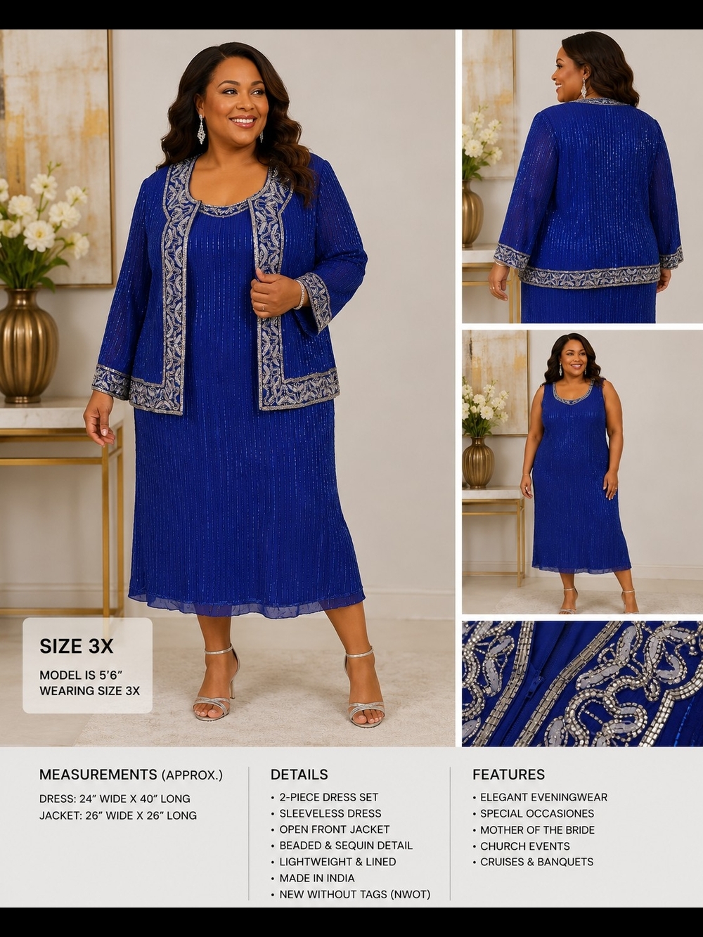 Cervelle Women’s Plus Size 3X 2-Piece Beaded Evening Dress Set Royal Blue NWOT